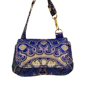 Ornate Blue Micro Mini Keychain Embroidered Coin Bag with Gold & Purple Jacquard